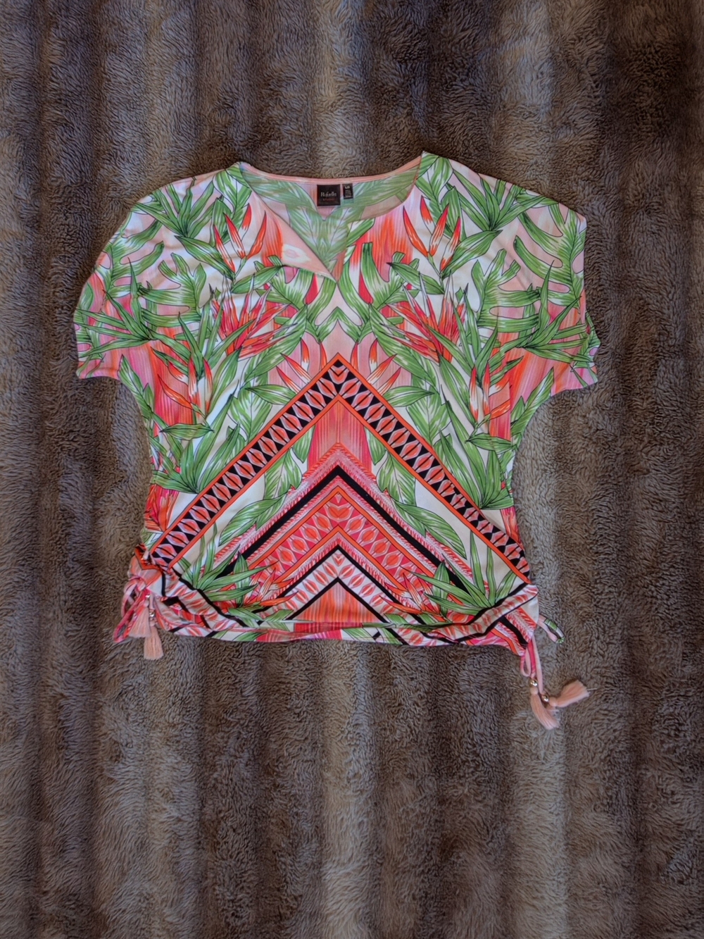 Rafaella Studio Tropical Leaf Print Tassel Blouse Large